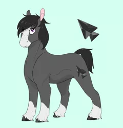 Size: 2268x2358 | Tagged: safe, artist:xenalollie, deleted from derpibooru, derpibooru import, oc, oc:obsidian, unofficial characters only, earth pony, pony, blaze (coat marking), blue background, crack ship offspring, cutie mark, cyan background, high res, male, offspring, parent:marble pie, parent:troubleshoes clyde, parents:marbleshoes, simple background, socks (coat marking), solo, stallion