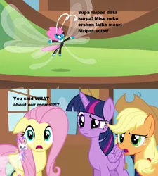 Size: 1280x1425 | Tagged: alicorn, angry, applejack, breezie, breezish, couch, derpibooru import, edit, edited screencap, fluttershy, fluttershy's cottage, hat, implied vulgar, it ain't easy being breezies, raised eyebrow, safe, screencap, seabreeze, season 4, shocked, twilight sparkle, twilight sparkle (alicorn), vulgar, window, your mom