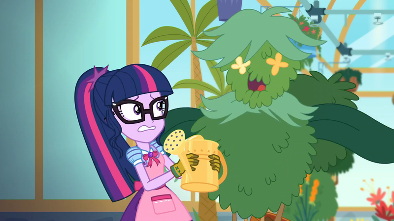 Size: 1920x1080 | Tagged: safe, derpibooru import, screencap, sci-twi, twilight sparkle, equestria girls, equestria girls series, my little shop of horrors, apron, celestia's house, clothes, flower, glasses, gloves, plant, room to grow, watering can