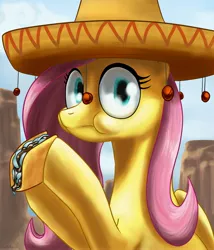 Size: 3000x3508 | Tagged: artist:rautakoura, derpibooru import, eating, fluttershy, food, frown, hat, hoof hold, krystal can't enjoy her sandwich, looking at you, puffy cheeks, safe, solo, sombrero, surprised, taco, wide eyes