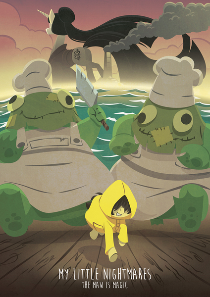 Size: 1060x1500 | Tagged: safe, artist:robbiecave, derpibooru import, ponified, frog, pony, chef, clothes, covering eyes, crossover, little nightmares, meat cleaver, raincoat, six (little nightmares), underhoof