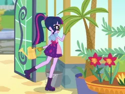 Size: 2048x1536 | Tagged: safe, derpibooru import, screencap, sci-twi, twilight sparkle, equestria girls, equestria girls series, my little shop of horrors, boots, celestia's house, clothes, cute, flower, glasses, gloves, palm tree, raised leg, rear view, shoes, solo, tree, twiabetes, watering can