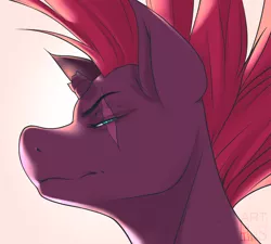 Size: 4000x3600 | Tagged: dead source, safe, artist:thil's, derpibooru import, tempest shadow, pony, unicorn, my little pony: the movie, broken horn, bust, domination, eye scar, female, horn, lidded eyes, looking at you, portrait, profile, scar, scar on the wrong side, simple background, smiling, smirk, solo