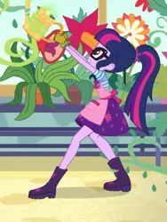 Size: 1536x2048 | Tagged: safe, derpibooru import, screencap, sci-twi, twilight sparkle, equestria girls, equestria girls series, my little shop of horrors, apron, boots, celestia's house, clothes, flower, glasses, gloves, plant, plants, ponytail, potted plant, shoes, skirt, vine, watering can