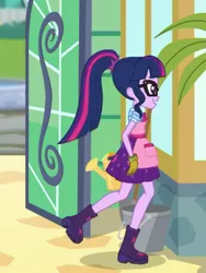 Size: 1536x2048 | Tagged: safe, derpibooru import, screencap, sci-twi, twilight sparkle, equestria girls, equestria girls series, my little shop of horrors, apron, boots, bucket, celestia's house, clothes, cute, female, glasses, gloves, open mouth, raised leg, shoes, solo, twiabetes, watering can