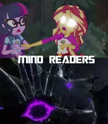 Size: 720x823 | Tagged: safe, derpibooru import, sci-twi, sunset shimmer, twilight sparkle, equestria girls, clash of hasbro's titans, comparison, glowing eyes, megatron, sunset sees things, transformers, transformers beast hunters, unicron, unicron megatron, white eyes