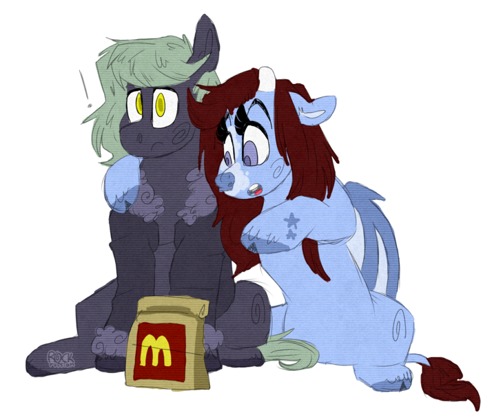 Size: 1515x1279 | Tagged: artist:rockruffian, derpibooru import, duo, female, horn, male, mcdonald's, oc, oc:kiyoshi, oc:maizzey starr, original species, safe, simple background, surprised, unofficial characters only
