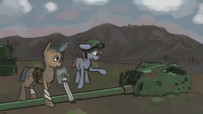 Size: 2158x1216 | Tagged: artist:surcouff, bag, cloud, derpibooru import, fallout equestria, goggles, gun, magic, mountain, oc, saddle bag, safe, shotgun, tank (vehicle), unofficial characters only, wasteland, weapon