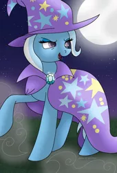 Size: 1024x1507 | Tagged: safe, artist:lavenderrain24, derpibooru import, trixie, pony, cape, clothes, female, full moon, hat, mare, moon, night, raised hoof, smiling, solo, stars, trixie's cape, trixie's hat