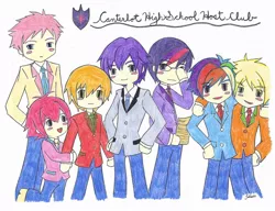 Size: 900x690 | Tagged: anime, applejack, applejack (male), artist:zeldagirl4287, big macintosh, bishonen, bubble berry, butterscotch, crossover, derpibooru import, dusk shine, elusive, fluttershy, human, humanized, mane six, ouran high school host club, pinkie pie, rainbow blitz, rainbow dash, rarity, rule 63, safe, traditional art, twilight sparkle