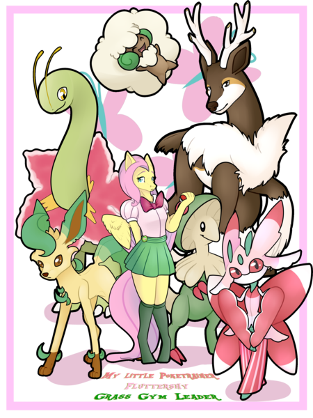 Size: 2175x2900 | Tagged: anthro, artist:rimmi1357, breloom, crossover, derpibooru import, fluttershy, gym leader, leafeon, lurantis, meganium, pokémon, safe, sawsbuck, whimsicott