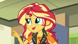 Size: 1280x720 | Tagged: safe, derpibooru import, screencap, sunset shimmer, equestria girls, equestria girls series, overpowered (equestria girls), canterlot high, ceiling, clothes, female, geode of empathy, magical geodes, music room, open mouth, solo