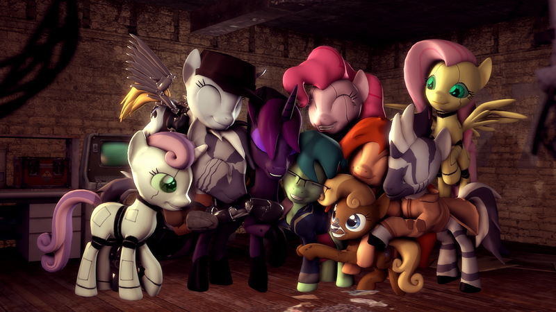 Size: 1280x720 | Tagged: safe, artist:flipchip, derpibooru import, fluttershy, pinkie pie, sweetie belle, oc, oc:bella (foe), oc:dust, oc:isosceles, oc:lily pad (foe), oc:sugar maple, oc:wisp chaser, alicorn, cyborg, earth pony, pegasus, pony, robot, robot pony, unicorn, zebra, fallout equestria, 3d, eyes closed, female, flutterbot, glasses, grin, group hug, hooves, horn, hug, mare, pinkie bot, smiling, source filmmaker, spread wings, sweetie bot, wings, zebra oc