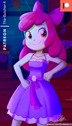 Size: 1600x2800 | Tagged: safe, artist:the-butch-x, derpibooru import, apple bloom, eqg summertime shorts, equestria girls, raise this roof, adorabloom, apple bloom's bow, blushing, bow, clothes, commission, cute, dress, fall formal, fall formal outfits, hair bow, image, patreon, patreon logo, png, smiling, solo