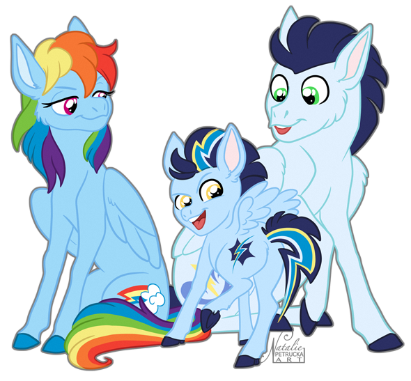 Size: 590x547 | Tagged: safe, artist:nattikay, derpibooru import, rainbow dash, soarin', oc, oc:thunderclap, pony, female, male, offspring, parent:rainbow dash, parent:soarin', parents:soarindash, shipping, soarindash, straight