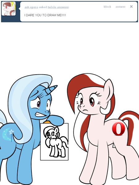 Size: 600x800 | Tagged: safe, artist:dekomaru, derpibooru import, trixie, oc, oc:opera, pony, tumblr:ask twixie, ask, browser ponies, drawing, opera (browser), tumblr