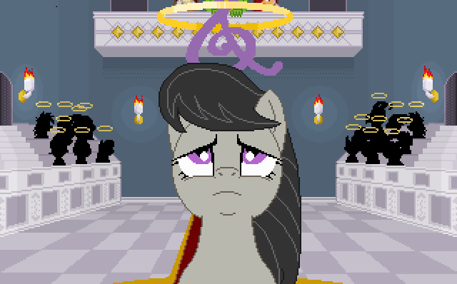 Size: 640x398 | Tagged: safe, artist:herooftime1000, derpibooru import, octavia melody, earth pony, pony, octavia in the underworld's cello, courtroom, cutie mark, dead, halo, pixel art, solo focus