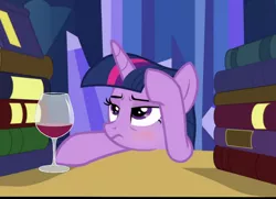 Size: 838x606 | Tagged: alcohol, alicorn, blushing, book, bored, derpibooru import, edit, edited screencap, glass, made in manehattan, safe, screencap, solo, twilight sparkle, twilight sparkle (alicorn), wine, wine glass