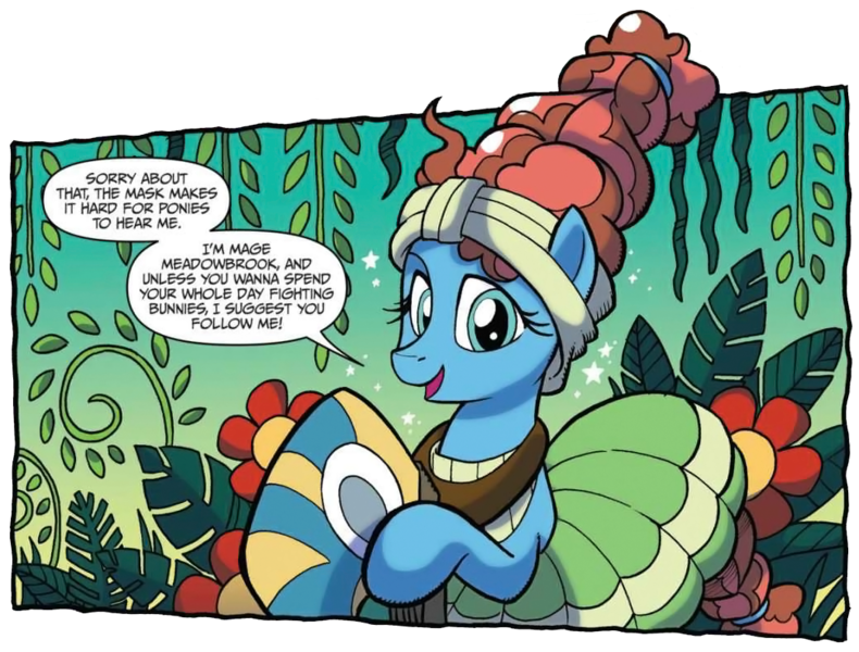 Size: 1039x789 | Tagged: safe, artist:tonyfleecs, derpibooru import, idw, meadowbrook, earth pony, pony, legends of magic, spoiler:comic, spoiler:comiclom8, cropped, female, healer's mask, mare, mask, official comic, solo, speech bubble