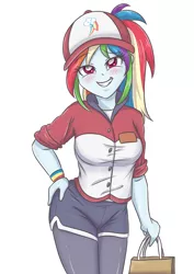 Size: 2893x4092 | Tagged: safe, artist:sumin6301, derpibooru import, rainbow dash, epic fails (equestria girls), eqg summertime shorts, equestria girls, bag, blushing, clothes, cute, dashabetes, female, hand on hip, hat, looking at you, shorts, simple background, smiling, smug, solo, white background, wristband