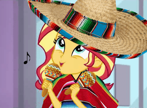 Size: 489x359 | Tagged: safe, derpibooru import, edit, edited screencap, editor:whatthehell!?, screencap, sunset shimmer, a fine line, equestria girls, equestria girls series, animated, clothes, hat, maracas, mexican, musical instrument, poncho, singing, sombrero, stereotype