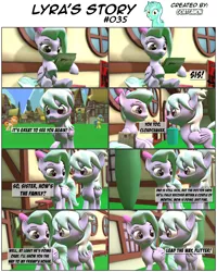 Size: 3928x4912 | Tagged: safe, artist:goatcanon, derpibooru import, cloudchaser, flitter, lemon hearts, pear butter, pony, comic:lyra's story, 3d, comic, dialogue, female, newspaper, ponyville, siblings, sisters, source filmmaker