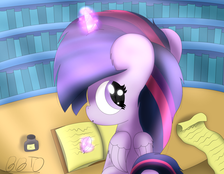 Size: 3413x2660 | Tagged: alicorn, artist:bronybehindthedoor, book, derpibooru import, looking back, safe, solo, twilight sparkle, twilight sparkle (alicorn)