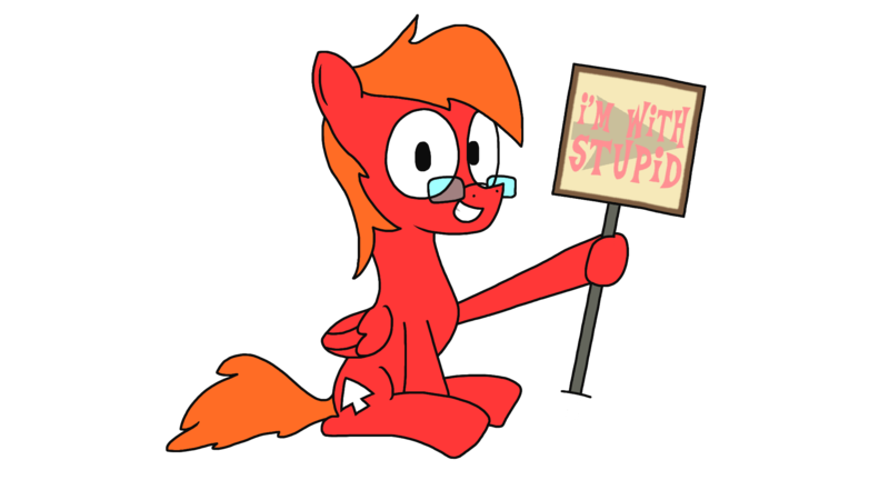 Size: 2048x1152 | Tagged: safe, artist:moonatik, derpibooru import, oc, oc:moonatik, unofficial characters only, pegasus, pony, glasses, i'm with stupid, sitting, solo, the conscientious objector