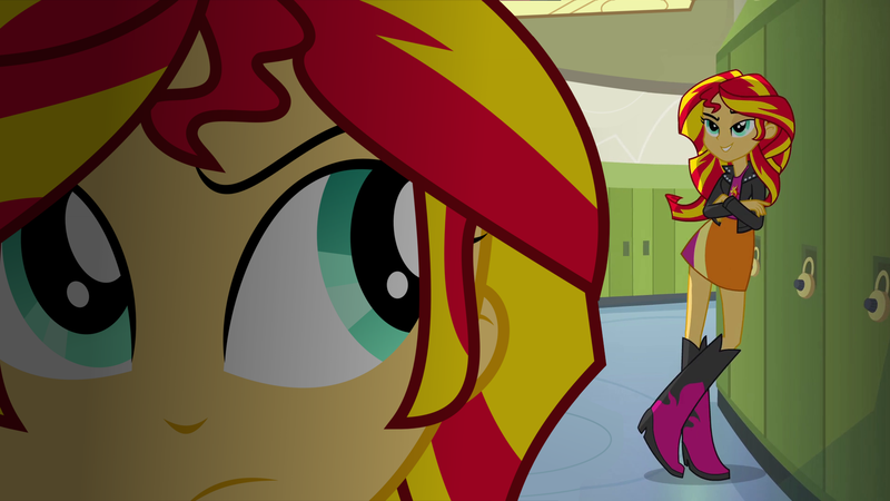 Size: 1920x1080 | Tagged: safe, artist:bubblestormx, derpibooru import, edit, edited screencap, editor:slayerbvc, screencap, sunset shimmer, equestria girls, equestria girls (movie), alternate universe, duality, human paradox, human sunset, role reversal, self paradox