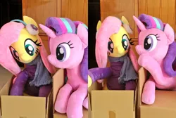 Size: 1528x1024 | Tagged: safe, artist:nekokevin, derpibooru import, fluttershy, starlight glimmer, pegasus, pony, unicorn, series:nekokevin's glimmy, box, clothes, cute, earmuffs, female, glimmerbetes, irl, life size, looking at each other, mare, photo, plushie, pony in a box, raised hoof, scarf, shyabetes, smiling, whispering