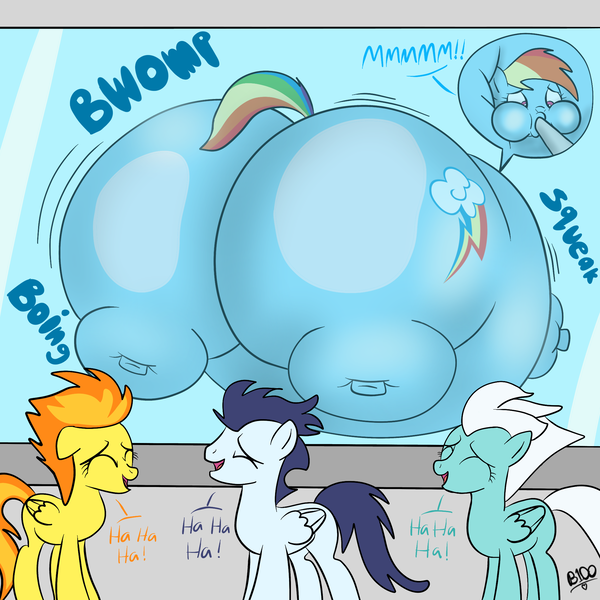 Size: 2048x2048 | Tagged: questionable, artist:boman100, derpibooru import, fleetfoot, rainbow dash, soarin', spitfire, pony, against glass, air inflation, belly, big belly, bingo wings, butt, cloud inflation, dialogue, floating, glass, huge belly, huge butt, humiliation, impossibly large belly, impossibly large butt, inflation, large butt, laughing, muffled words, pipe (plumbing), plot, puffy cheeks, rainblimp dash, rainbutt dash, rear view, stretched cutie mark, wat, worried