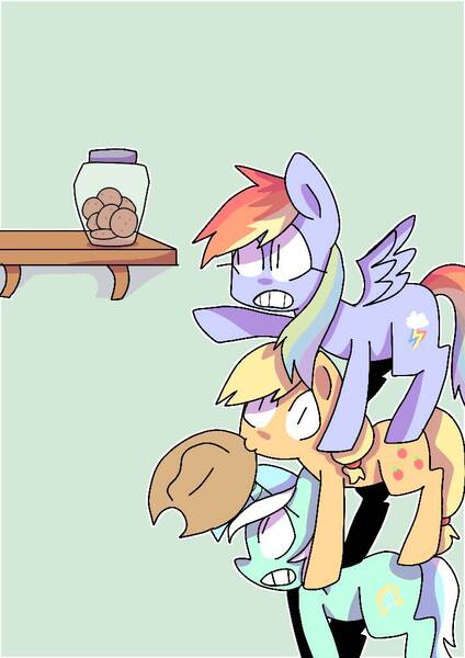 Size: 723x1023 | Tagged: safe, artist:lunawoonanight, derpibooru import, applejack, lyra heartstrings, rainbow dash, earth pony, pegasus, pony, unicorn, applejack's hat, cookie, cookie jar, cowboy hat, female, food, gritted teeth, hat, mare, mouth hold, pony pile, reaching, shelf, silly, silly pony, simple background, tower of pony, trio, who's a silly pony