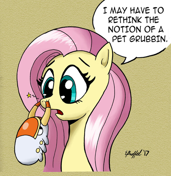 Size: 900x926 | Tagged: safe, artist:cartoon-eric, derpibooru import, fluttershy, pegasus, pony, bust, grubbin, looking at something, nose pinch, open mouth, pinch, pokémon, portrait, simple background, solo, speech bubble, yellow background