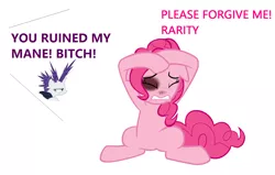 Size: 1512x964 | Tagged: abuse, abuse edit, bad end, black eye, derpibooru import, edgy, edit, it isn't the mane thing about you, out of character, pinkiebuse, pinkie pie, rarity, semi-grimdark, vulgar