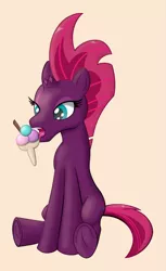 Size: 1303x2134 | Tagged: safe, artist:cybersquirrel, derpibooru import, fizzlepop berrytwist, tempest shadow, unicorn, my little pony: the movie, broken horn, female, food, frog (hoof), horn, ice cream, licking, shading, simple background, sitting, solo, tongue out, underhoof