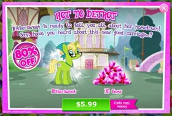 Size: 948x639 | Tagged: safe, derpibooru import, official, bittersweet (character), pony, unicorn, advertisement, costs real money, crack is cheaper, gameloft, greedloft, katie cook