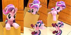 Size: 2040x1024 | Tagged: safe, artist:nekokevin, derpibooru import, starlight glimmer, twilight sparkle, twilight sparkle (alicorn), alicorn, pony, unicorn, series:nekokevin's glimmy, box, clothes, crossed arms, cute, female, glimmerbetes, hnnng, irl, life size, looking at each other, looking down, looking up, mare, photo, plushie, pony in a box, raised hoof, size difference, smiling, socks, starlight's little twibird, striped socks, twiabetes