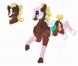 Size: 698x591 | Tagged: safe, artist:frozensoulpony, derpibooru import, oc, oc:canary, unofficial characters only, earth pony, pony, bandage, blaze (coat marking), female, mare, mask, offspring, parent:fluttershy, parent:troubleshoes clyde, saddle, socks (coat marking), solo, tack, tail wrap, traditional art