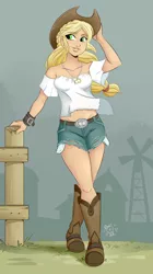 Size: 1600x2850 | Tagged: applejack, applejack's hat, armpits, artist:ponut_joe, belly button, belt, boots, bracelet, braid, clothes, cowboy boots, cowboy hat, cuff, cute, daisy dukes, derpibooru import, female, hat, human, humanized, jackabetes, jewelry, looking away, midriff, necklace, safe, see-through, shoes, short jeans, shorts, smiling, solo, torn clothes, windmill, wristband