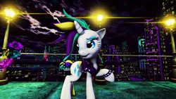Size: 3840x2160 | Tagged: safe, artist:dj-chopin, derpibooru import, rarity, pony, unicorn, it isn't the mane thing about you, 3d, alternate hairstyle, city, clothes, female, flower, lamppost, mare, night, punk, raripunk, smiling, solo, source filmmaker