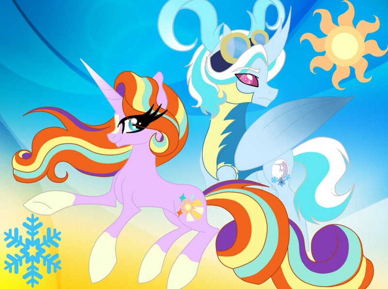 Size: 960x716 | Tagged: safe, artist:owocrystalcatowo, derpibooru import, oc, oc:sky snow, oc:sunlight, unofficial characters only, changepony, hybrid, pony, unicorn, abstract background, blaze (coat marking), clothes, female, gradient background, male, mare, next generation, offspring, parent:oc:crystal heart, parent:starlight glimmer, parent:sunburst, parent:thorax, parents:canon x oc, parents:starburst, socks (coat marking), uniform, wonderbolt trainee uniform