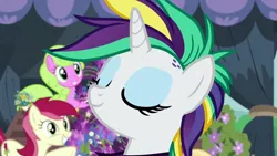 Size: 1280x720 | Tagged: safe, derpibooru import, screencap, daisy, flower wishes, rarity, roseluck, earth pony, pony, unicorn, it isn't the mane thing about you, alternate hairstyle, cute, cuteluck, eyes closed, female, flower, mare, punk, raribetes, raripunk, smiling