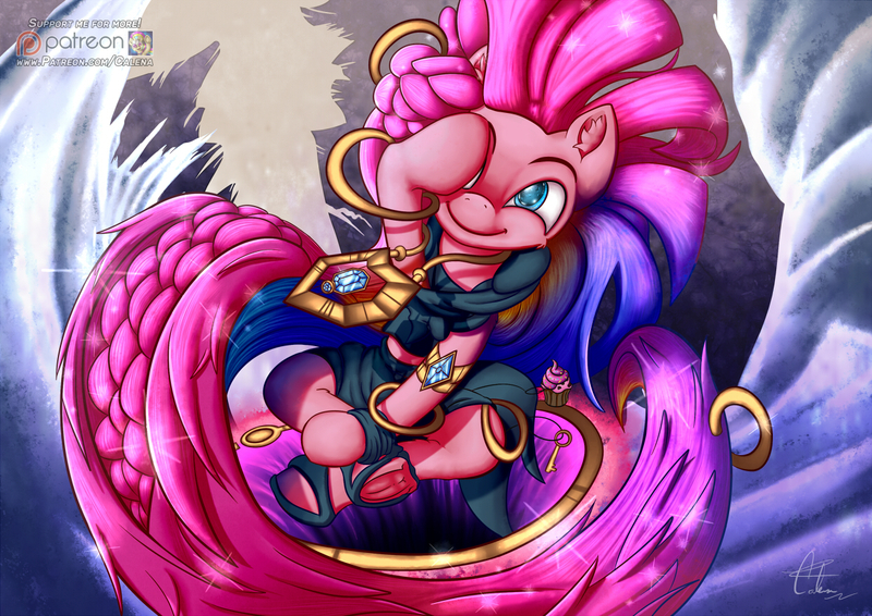 Size: 1240x877 | Tagged: safe, artist:calena, derpibooru import, pinkie pie, earth pony, pony, braid, clothes, cosplay, costume, cupcake, female, food, frog (hoof), hoof over eye, jewelry, league of legends, mare, patreon, patreon logo, smiling, solo, underhoof, zoe (league of legends)