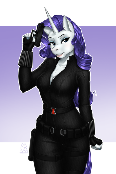 Size: 1900x2850 | Tagged: safe, alternate version, artist:mykegreywolf, derpibooru import, rarity, anthro, unicorn, black widow (marvel), breasts, cleavage, clothes, crossover, female, glock, gun, handgun, lipstick, mare, marvel, no trigger discipline, pistol, weapon