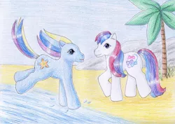 Size: 1024x726 | Tagged: artist:normaleeinsane, beach, bow tie (g3), derpibooru import, duo, g3, safe, seaspray (g3), traditional art