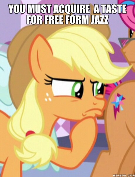 Size: 600x785 | Tagged: applejack, caption, derpibooru import, edit, edited screencap, free form jazz, grandma's kisses, honest apple, image macro, meme, safe, screencap, spongebob squarepants, text