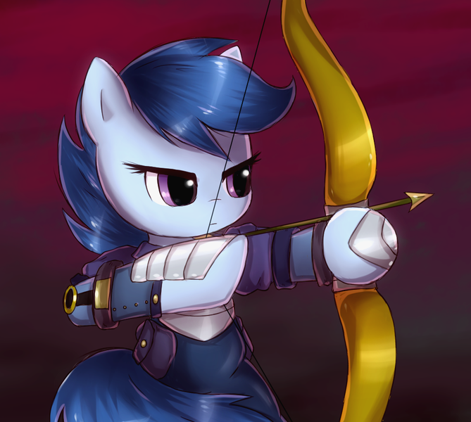 Size: 1003x900 | Tagged: safe, artist:nika191319, derpibooru import, archer (character), scootablue, pony, archer, arrow, bow (weapon), bow and arrow, clothes, female, filly, solo, weapon