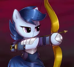 Size: 1003x900 | Tagged: safe, artist:nika191319, derpibooru import, archer (character), scootablue, pony, archer, arrow, bow (weapon), bow and arrow, clothes, female, filly, solo, weapon