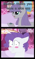 Size: 639x1064 | Tagged: 2 panel comic, artist:ficklepickle9421, awkward, blushing, boulder (pet), comic, derpibooru import, edit, maud pie, meme, rarity, suggestive