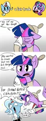 Size: 800x2100 | Tagged: safe, artist:thegreatrouge, derpibooru import, starlight glimmer, trixie, twilight sparkle, twilight sparkle (alicorn), alicorn, pony, unicorn, angry, blushing, comic, cuphead, cuphead (character), dialogue, elder kettle, eyes closed, female, floppy ears, mare, mugman, one eye closed, parody, smiling, that pony sure does love peanut butter crackers, yelling